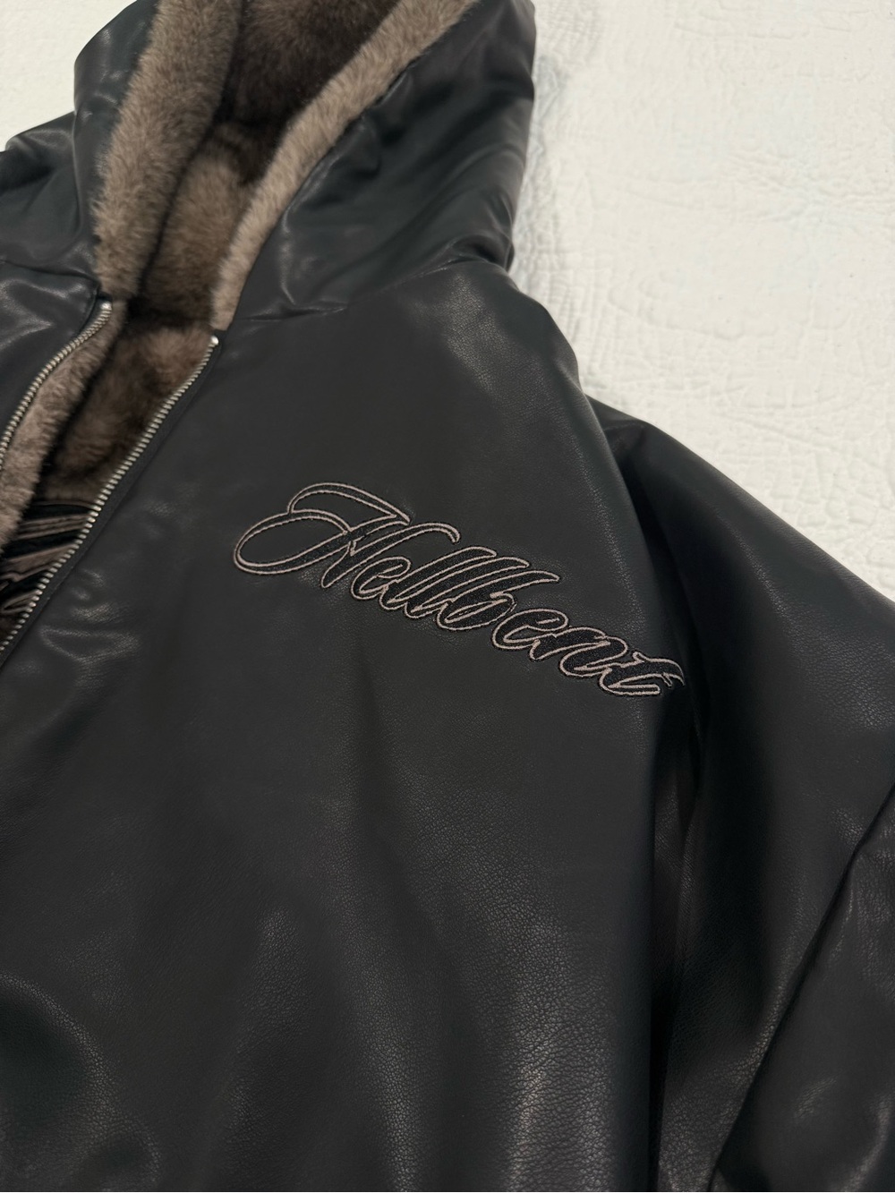 Hellbent Black Faux Leather Hooded Jacket with Shearling Trim